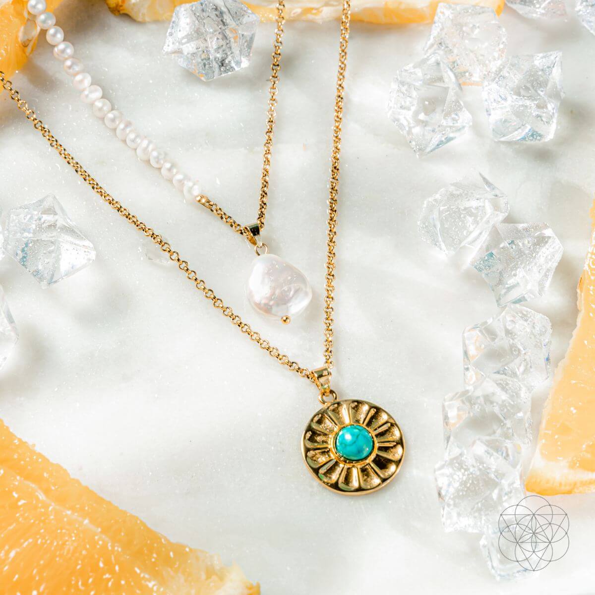 Turquoise and freshwater pearl layered necklace set in a blue and cream palette — view 3 of 7