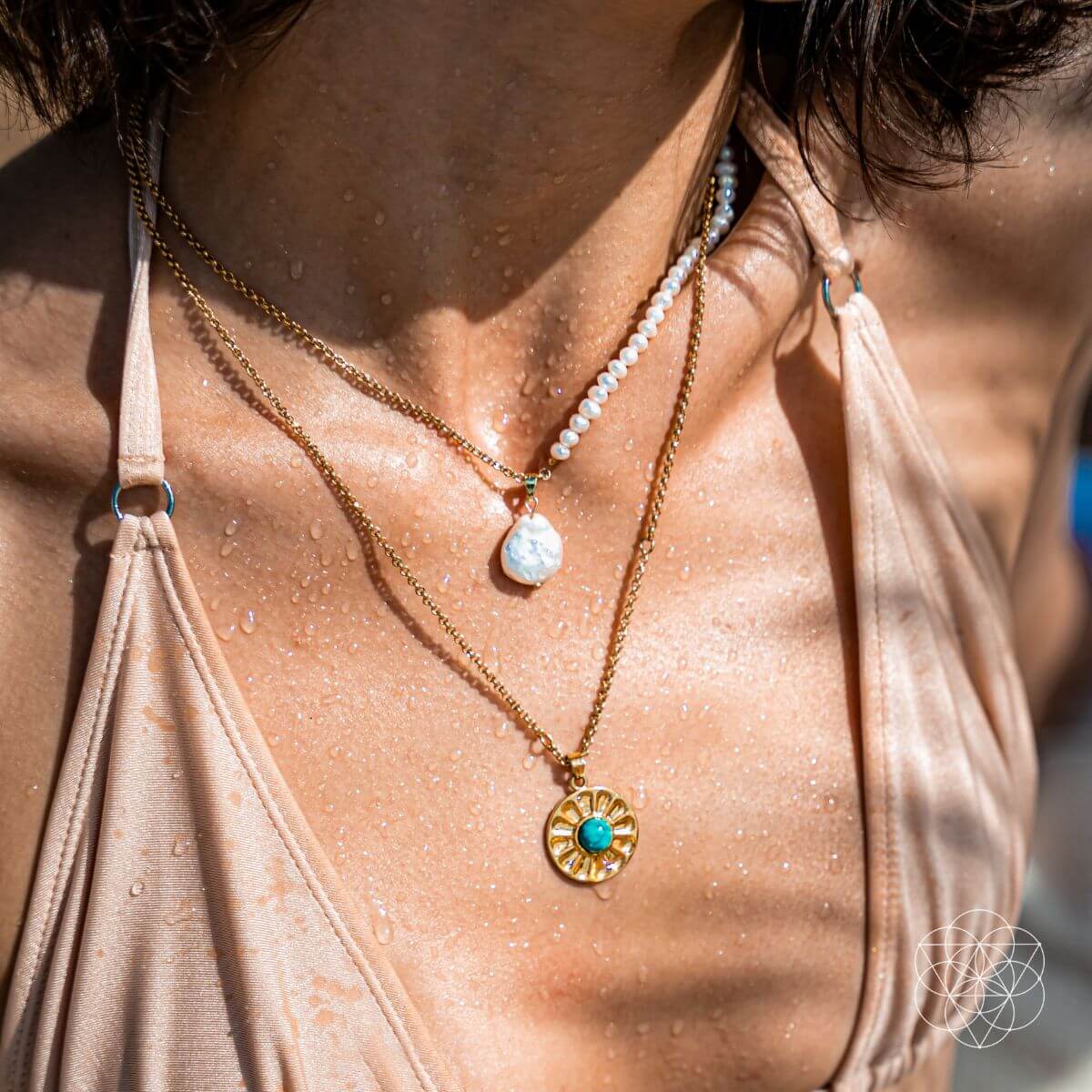 Turquoise and freshwater pearl layered necklace set in a blue and cream palette — view 1 of 7