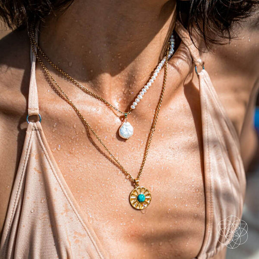 Turquoise and freshwater pearl layered necklace set in a blue and cream palette — view 1 of 7