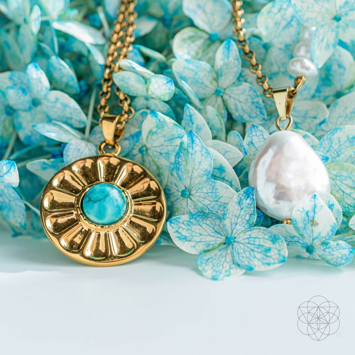 Turquoise and freshwater pearl layered necklace set in a blue and cream palette — view 5 of 7
