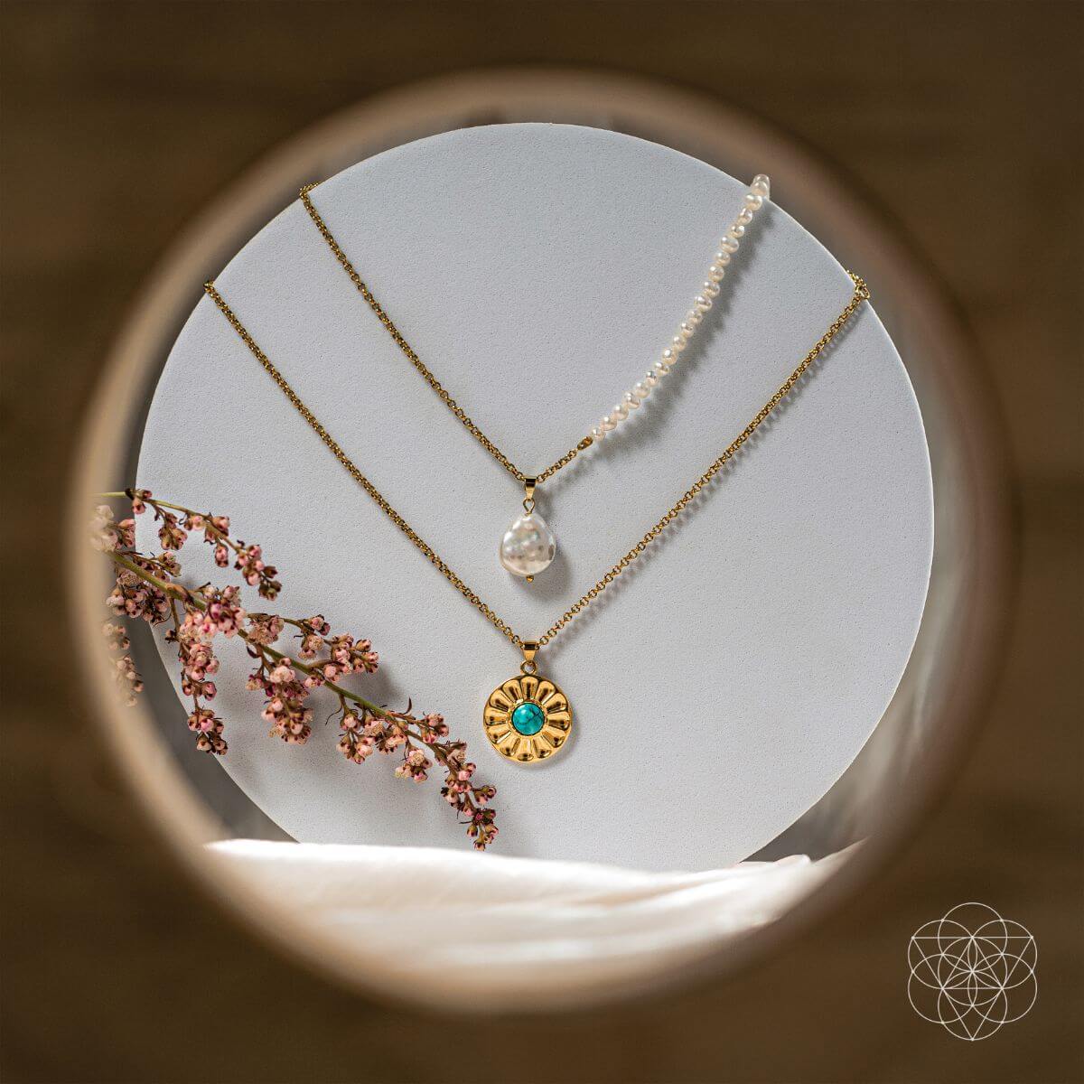 Turquoise and freshwater pearl layered necklace set in a blue and cream palette — view 7 of 7