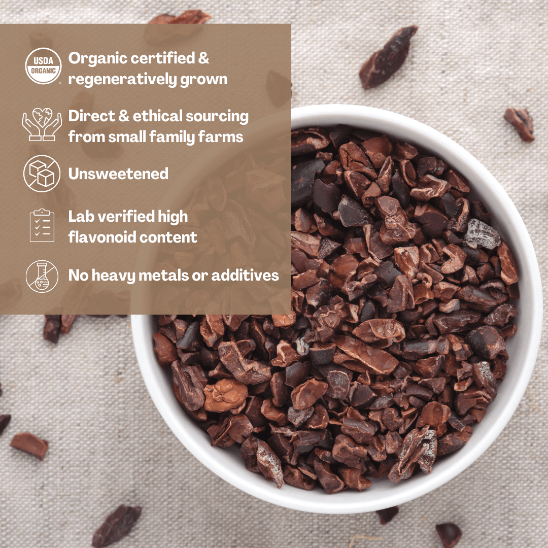 Ora Cacao organic cacao nibs arranged in a softly lit lifestyle scene.