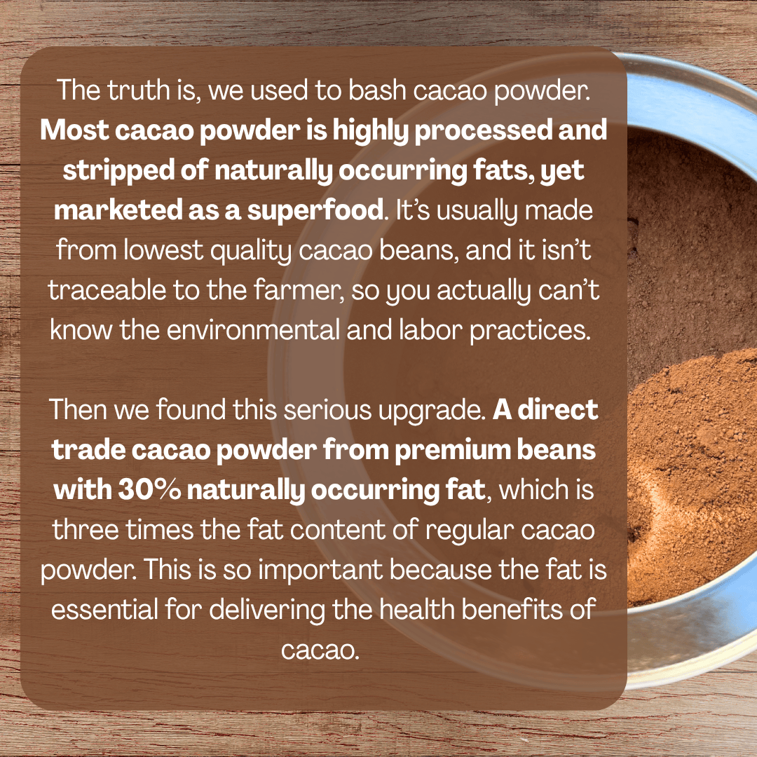 Ora Cacao Triple Fat cacao powder tin presented in a calm, naturally lit setting.