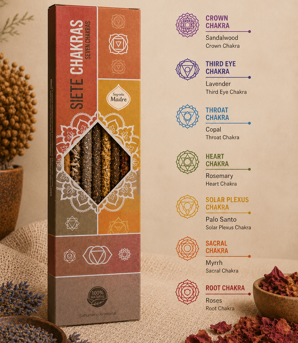 7 Chakra incense box showing the seven chakras and their matching scents