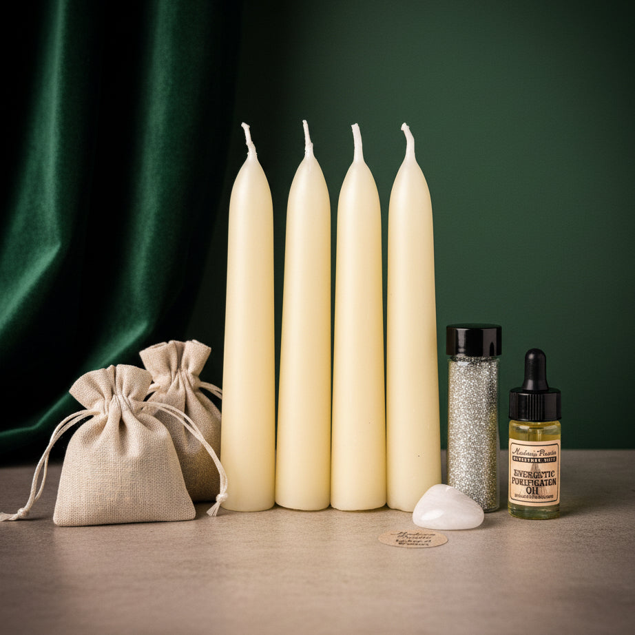 Cleansing Candle Spell Booster Pack with four white beeswax taper candles, a linen pouch, oil, glitter and a crystal against a green backdrop