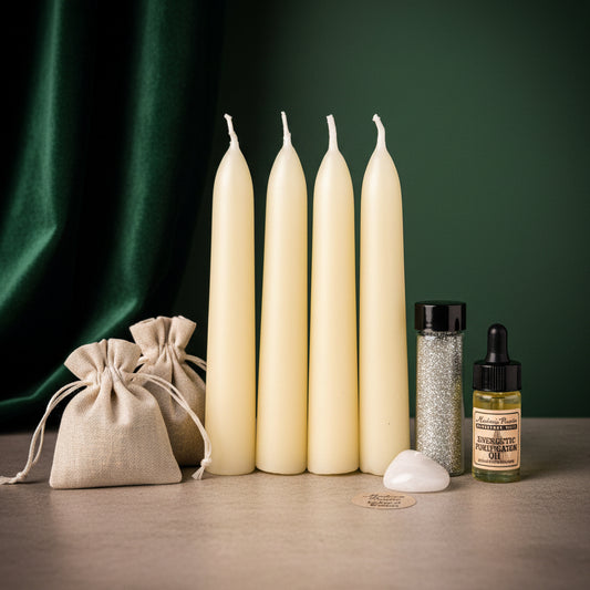 Cleansing Candle Spell Booster Pack with four white beeswax taper candles, a linen pouch, oil, glitter and a crystal against a green backdrop