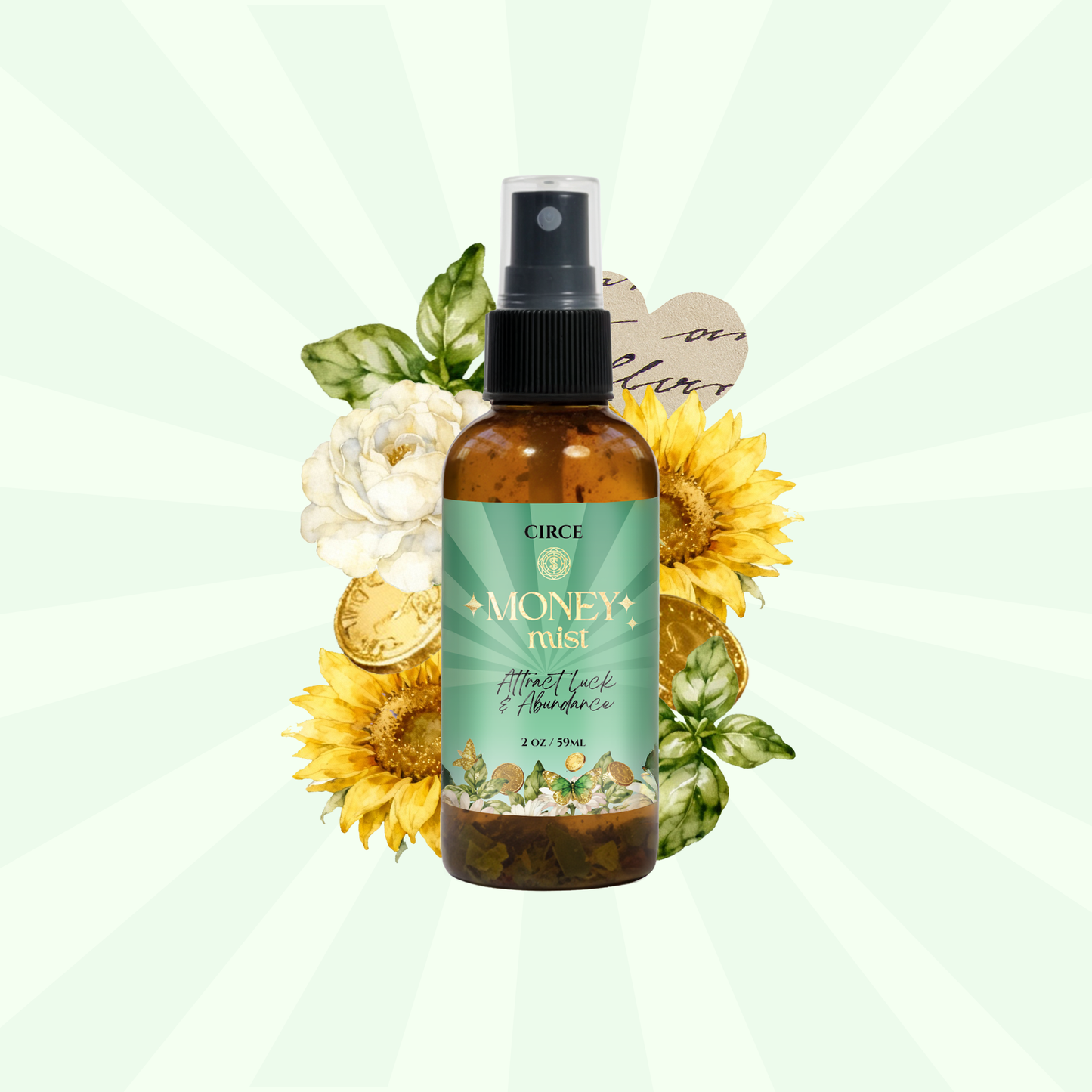 Money Mist abundance spray in a 2 oz bottle with bay leaf and cinnamon (view 2)