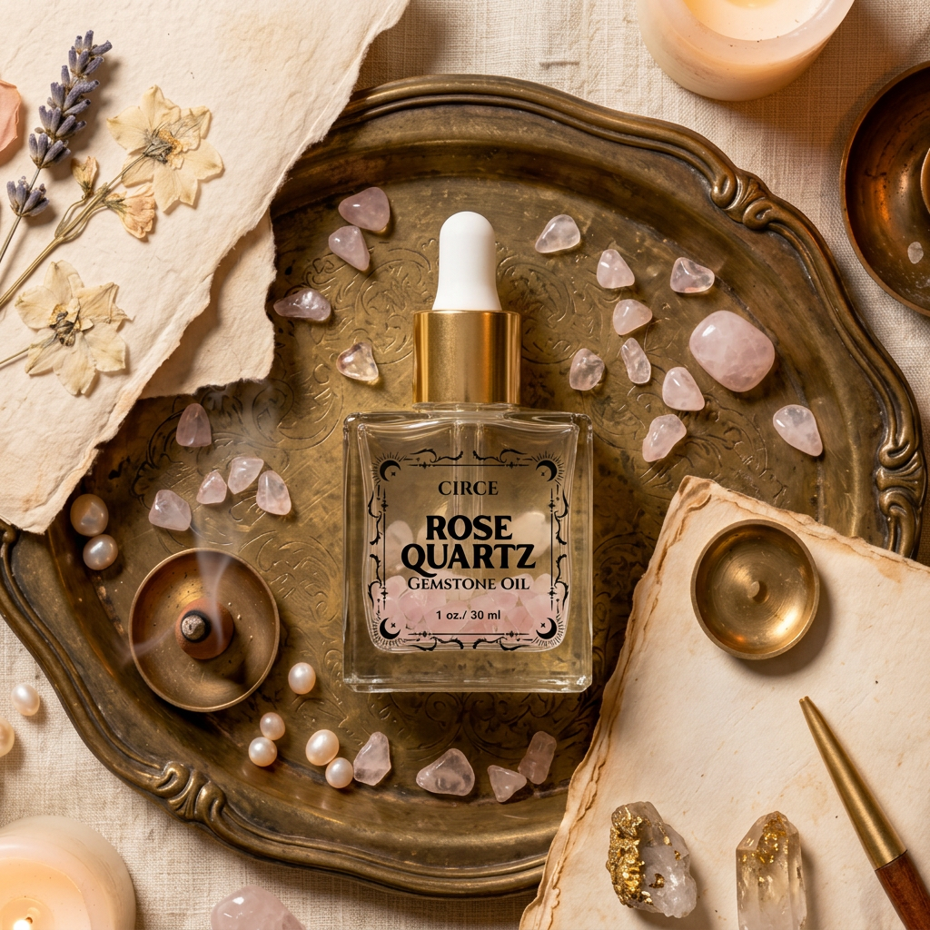 Rose quartz gemstone shimmer body oil in an apothecary glass bottle with rose quartz crystals (view 5)