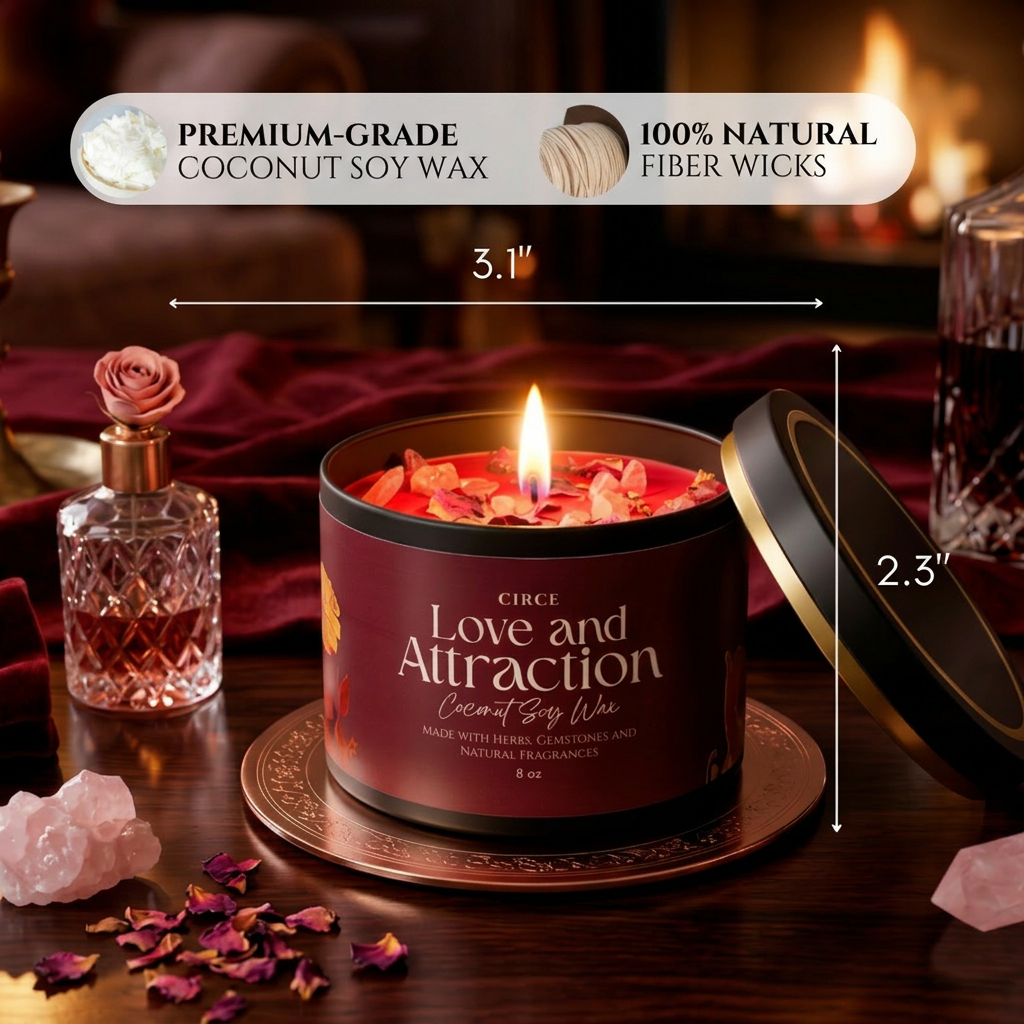 Love and Attraction ritual candle in an 8 oz jar with rose petals and strawberry quartz (view 5)