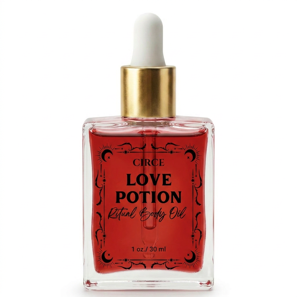 Love Potion ritual body oil in a classic apothecary-style glass bottle, alternate view