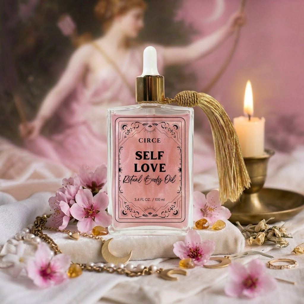 Self Love ritual body oil in an apothecary glass bottle with rose quartz crystals (view 2)