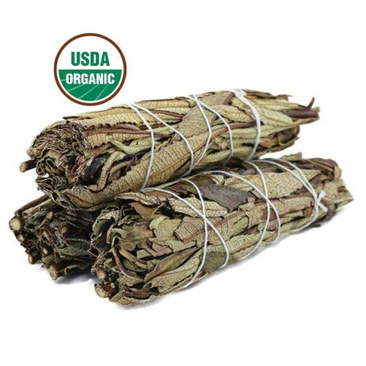 Yerba Santa smudge stick bundle, four inches long, wrapped in cotton string