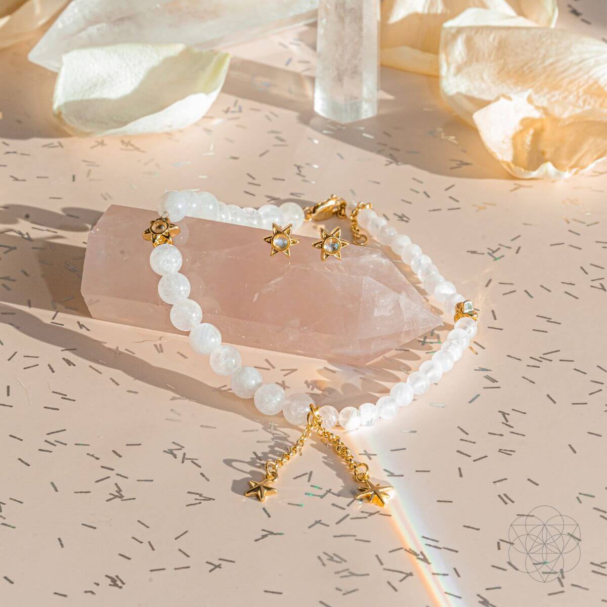 Matching moonstone anklet and earrings set with pearly white stones — view 7 of 7