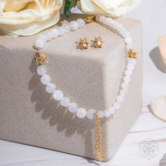 Matching moonstone anklet and earrings set with pearly white stones — view 1 of 7