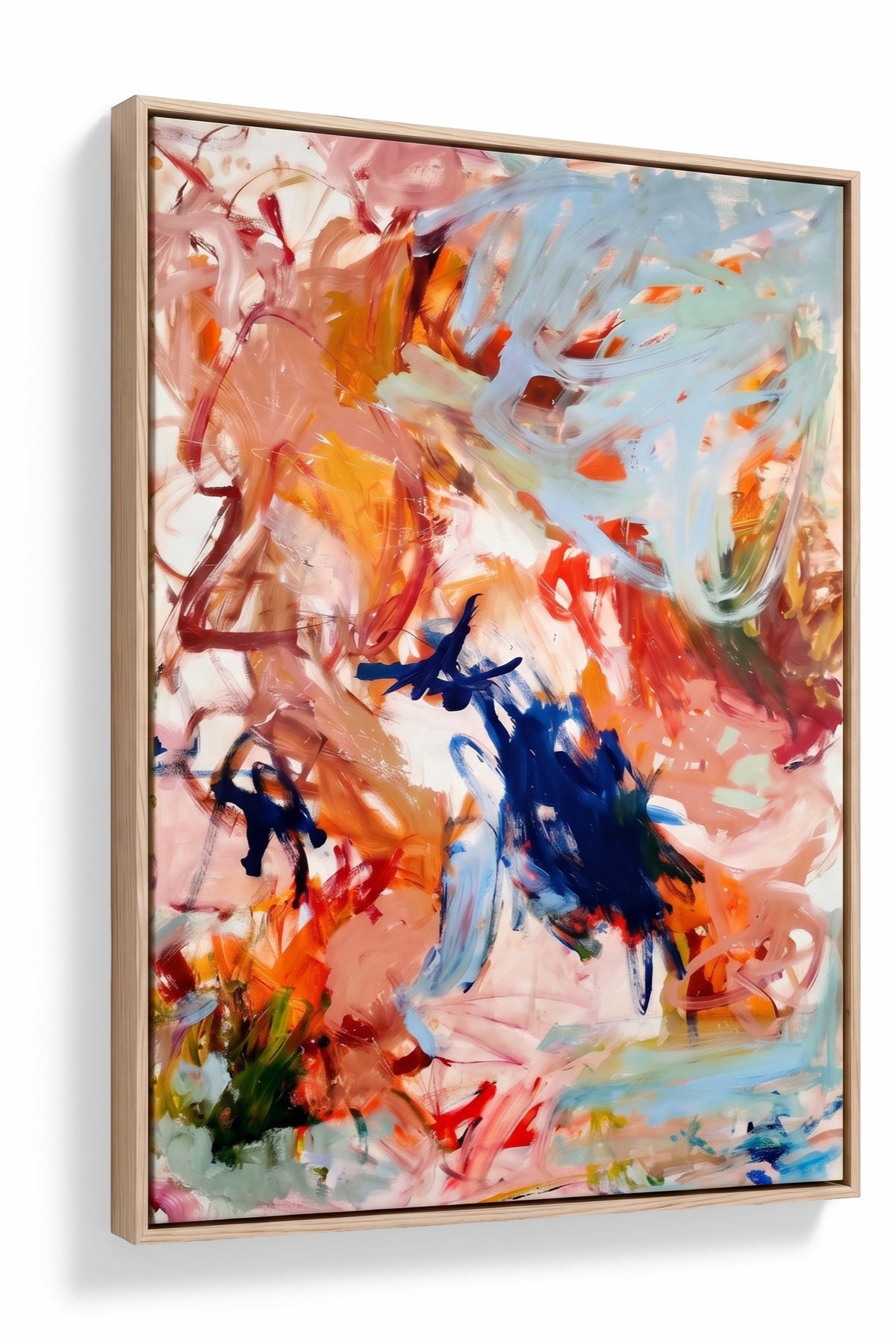 Angled view of the framed canvas showing the float frame depth