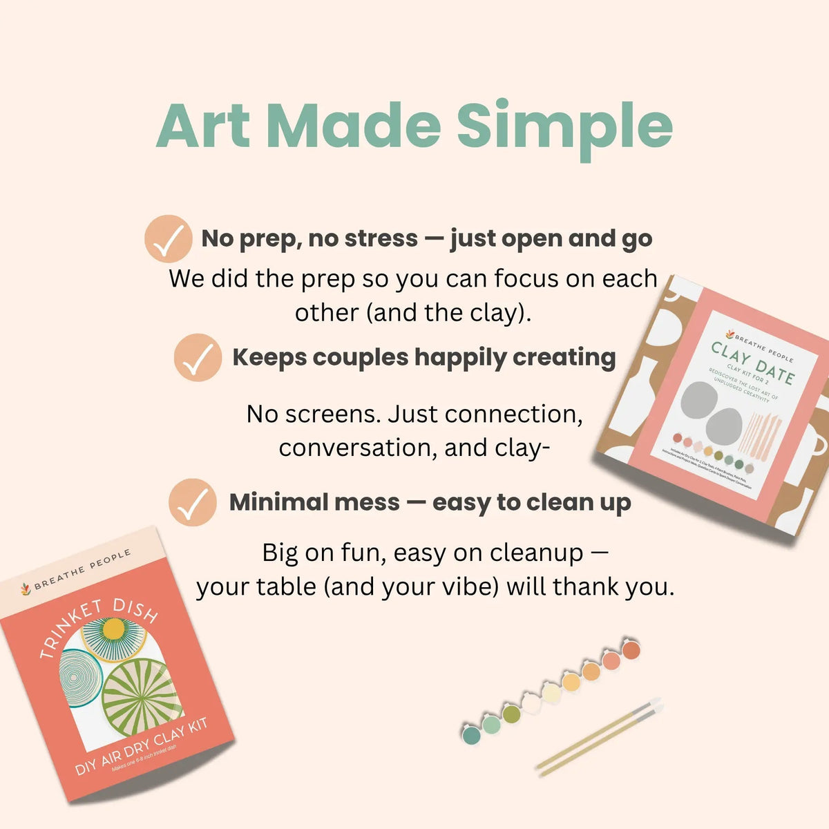 Infographic describing the clay kit as no-prep, couple-friendly and easy to clean up