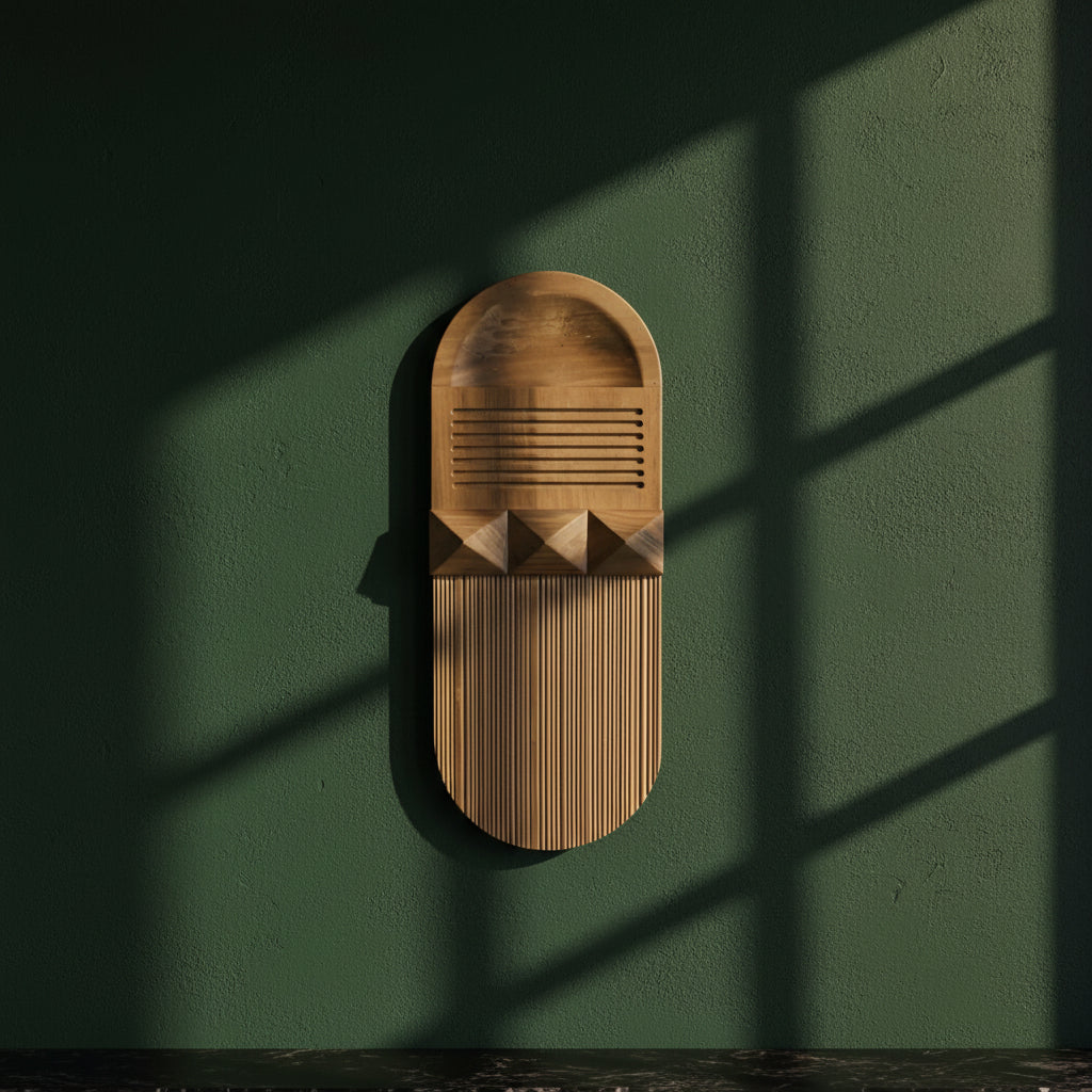 Planos I pine wall relief mounted on a dark green wall in raking sunlight