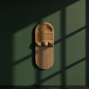 Planos I pine wall relief mounted on a dark green wall in raking sunlight