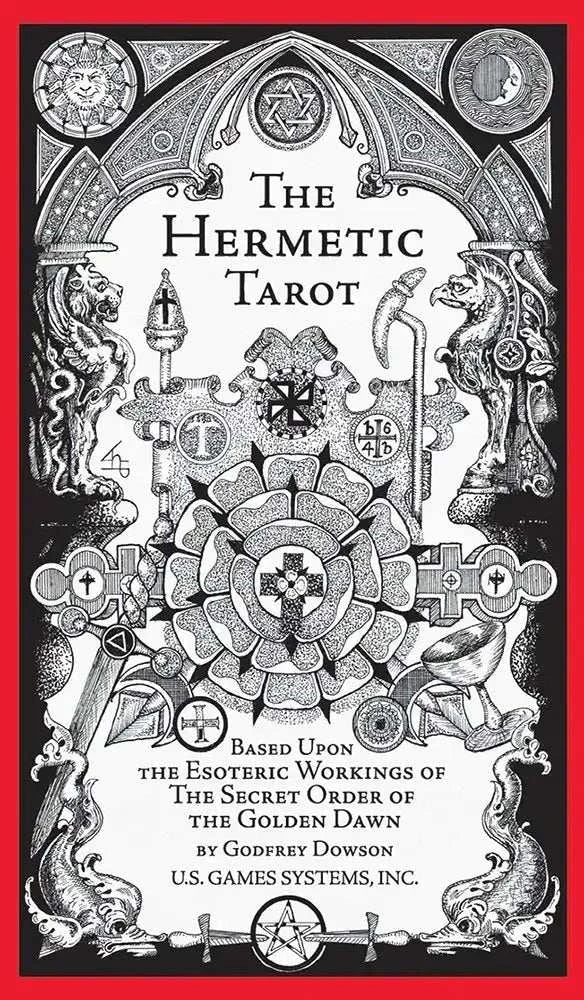 Box for the Hermetic Tarot deck, black and white esoteric artwork with a red border