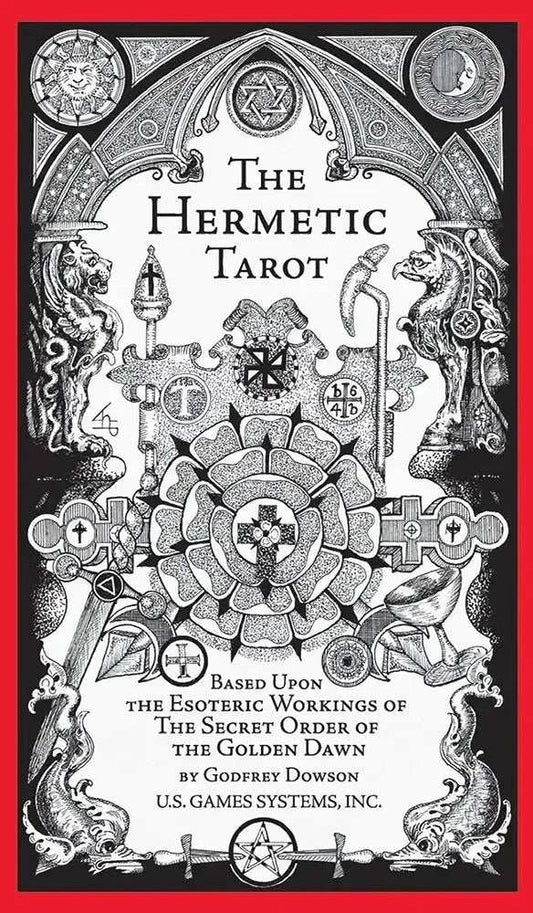 Box for the Hermetic Tarot deck, black and white esoteric artwork with a red border