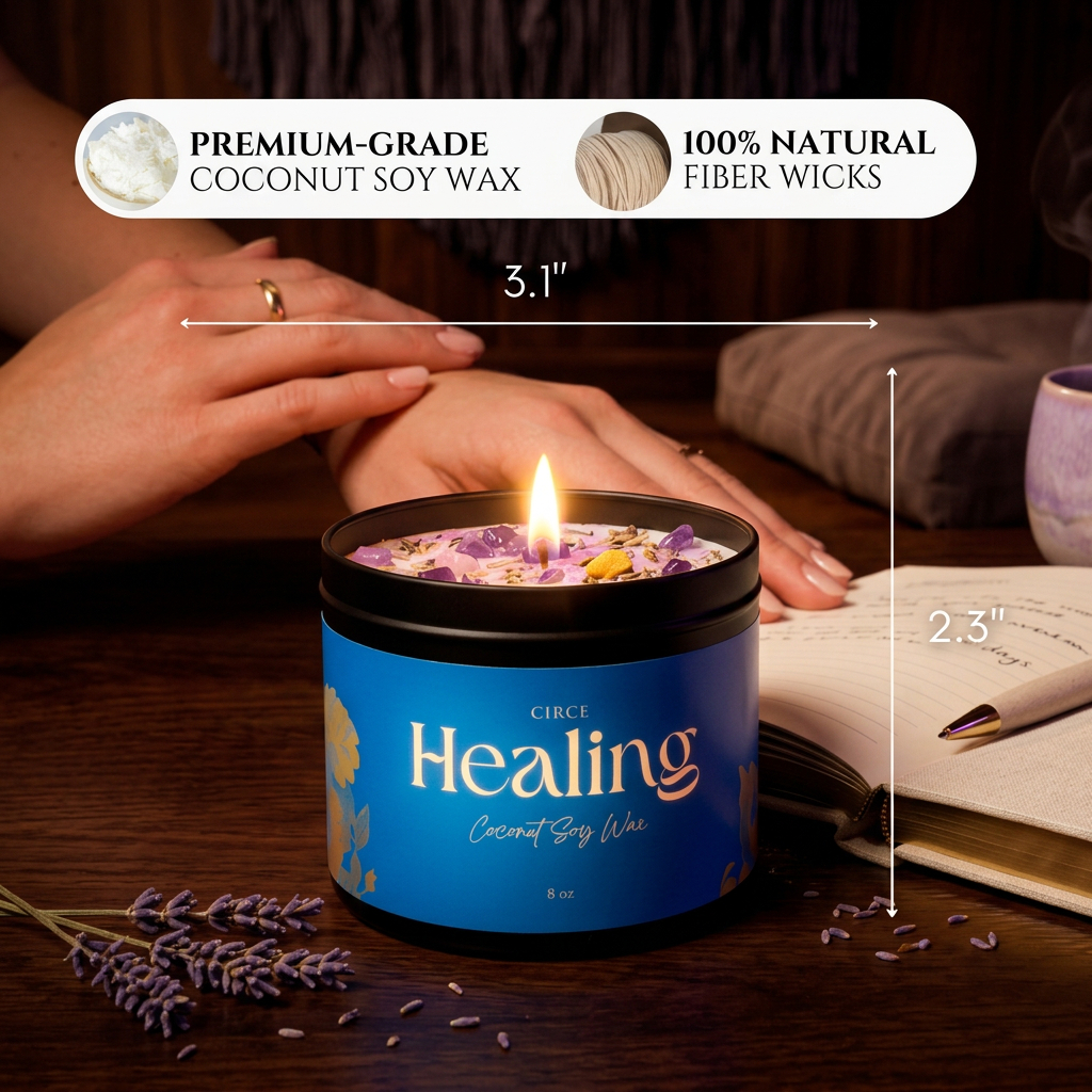 Healing ritual candle in an 8 oz jar with lavender, chamomile and amethyst (view 5)