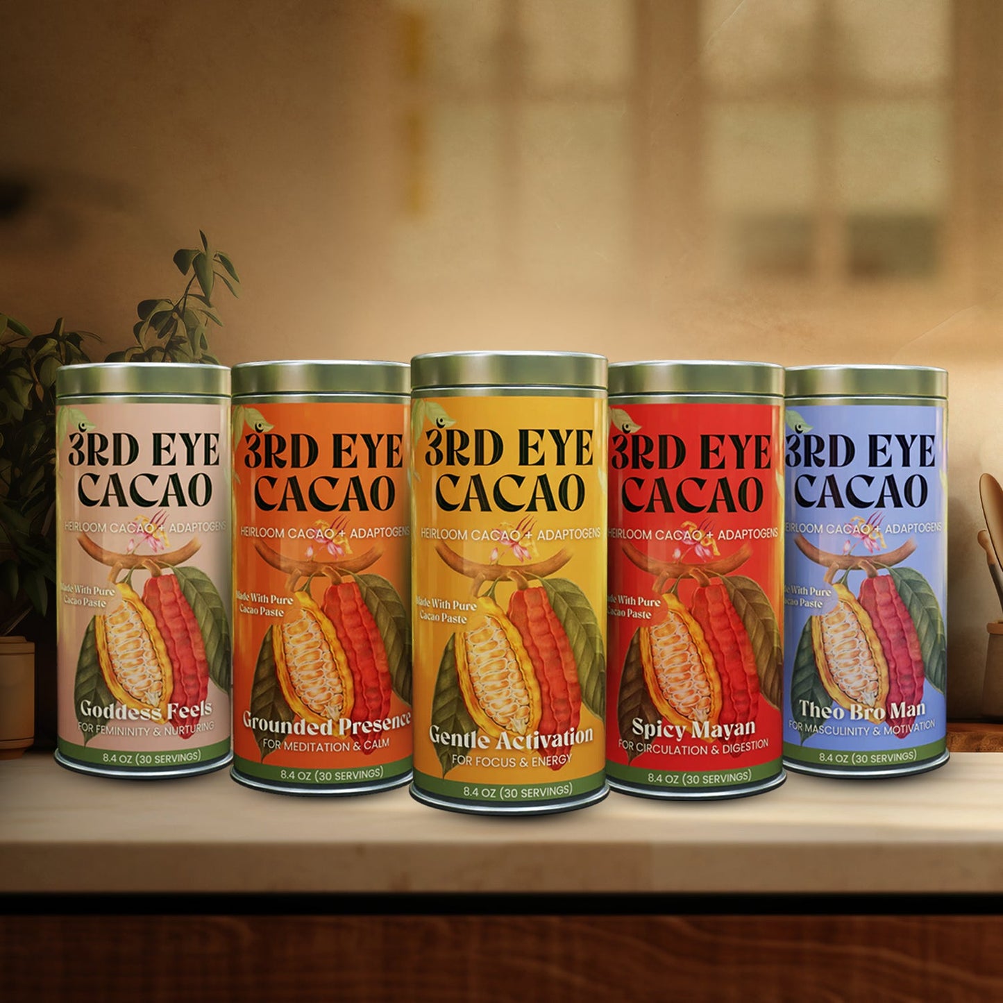 Complete set of five 8.4 oz ceremonial cacao elixir canisters.