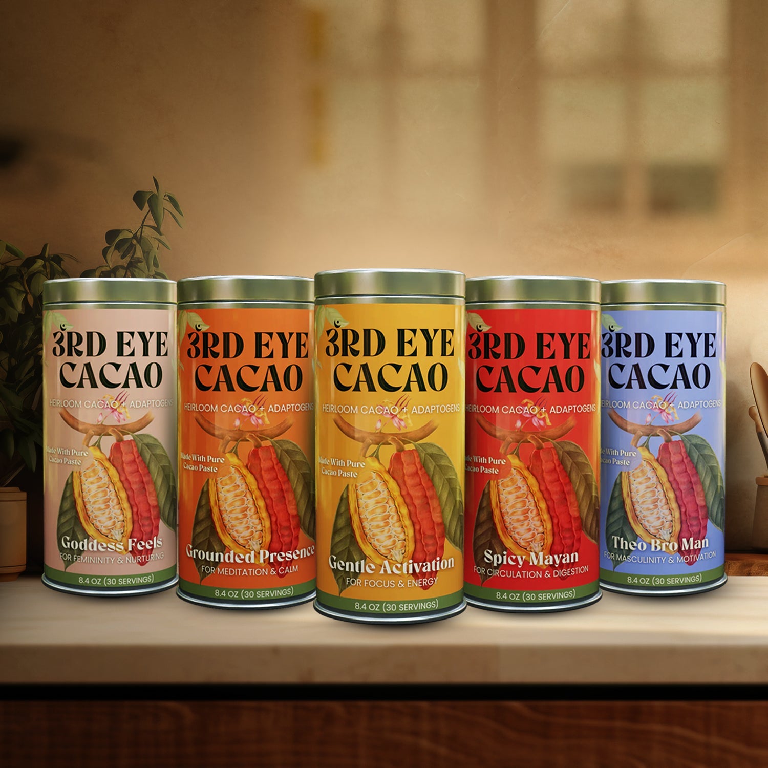 Complete set of five 8.4 oz ceremonial cacao elixir canisters.