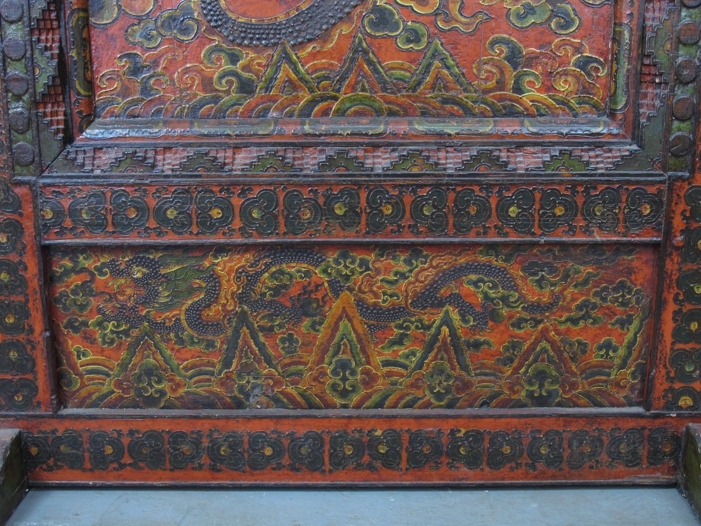 Antique Tibetan pine wall panel hand-embossed with flying dragons, clouds and ocean waves — view 14 of 19