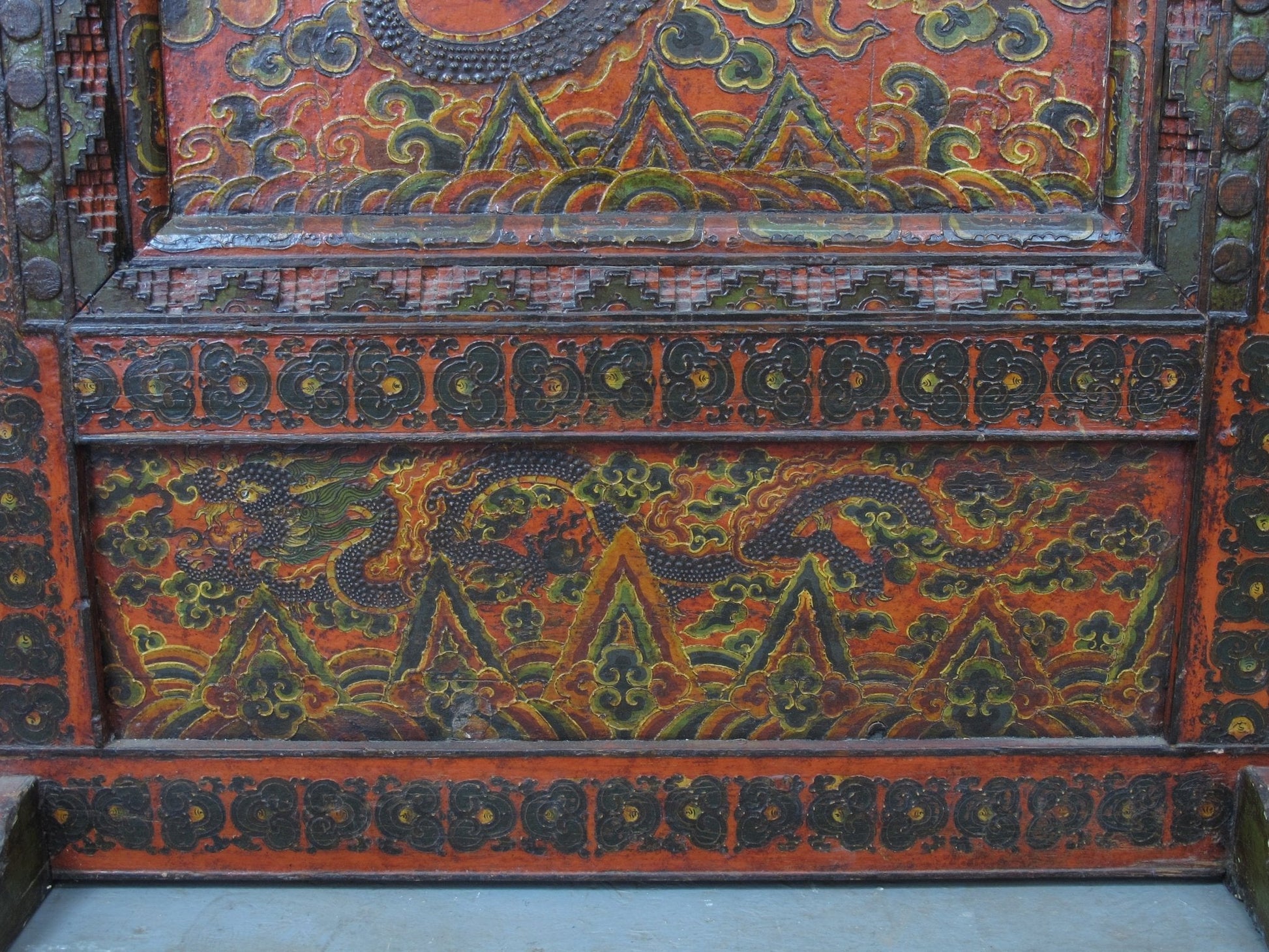 Antique Tibetan pine wall panel hand-embossed with flying dragons, clouds and ocean waves — view 14 of 19