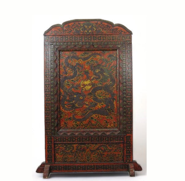 Antique Tibetan pine wall panel hand-embossed with flying dragons, clouds and ocean waves — view 19 of 19