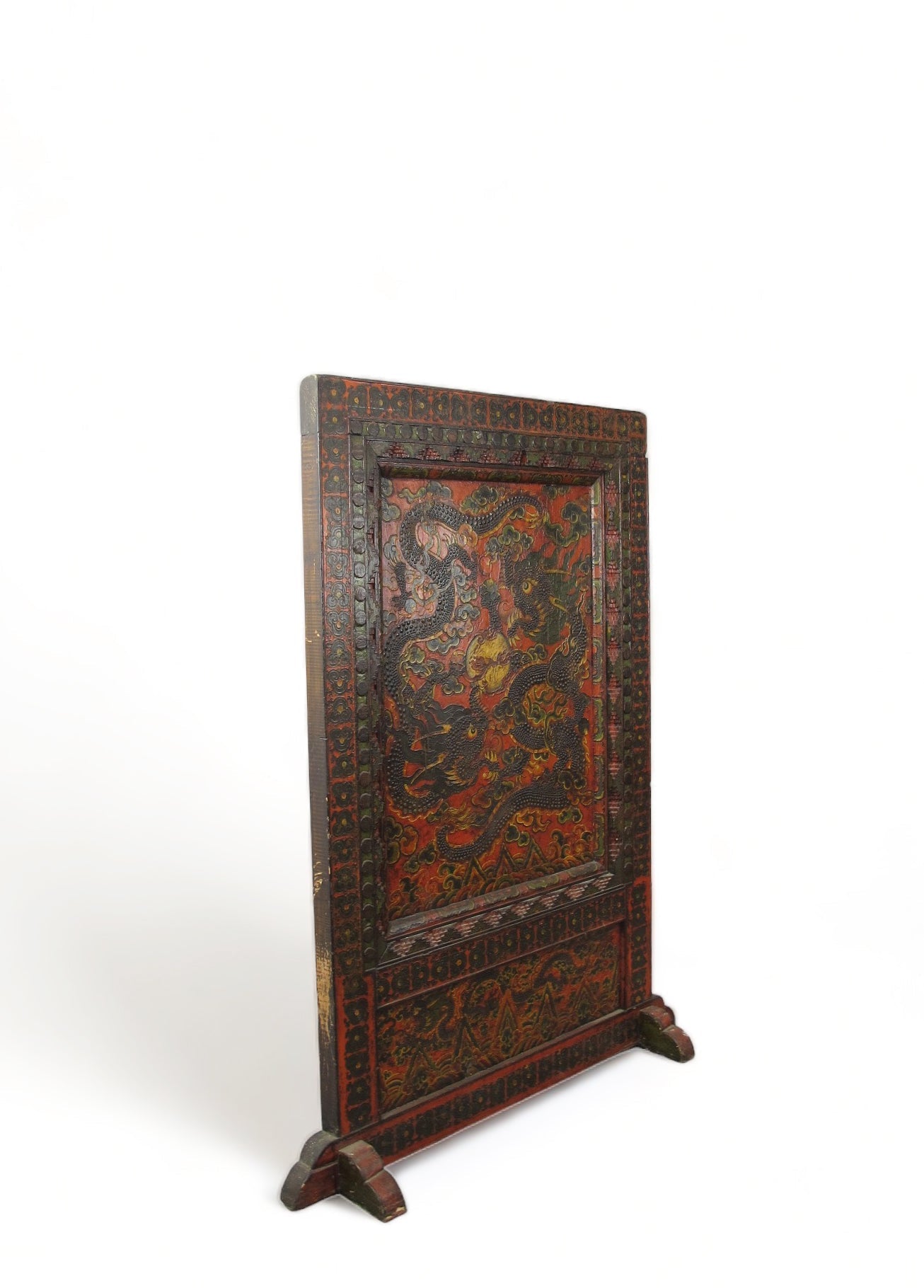 Antique Tibetan pine wall panel hand-embossed with flying dragons, clouds and ocean waves — view 5 of 19