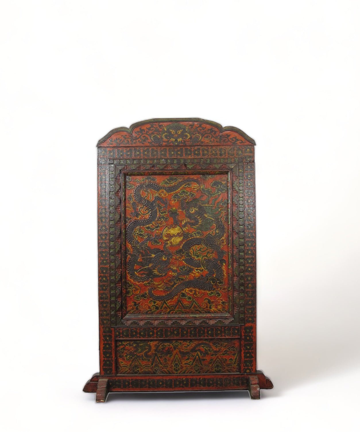 Antique Tibetan pine wall panel hand-embossed with flying dragons, clouds and ocean waves — view 2 of 19