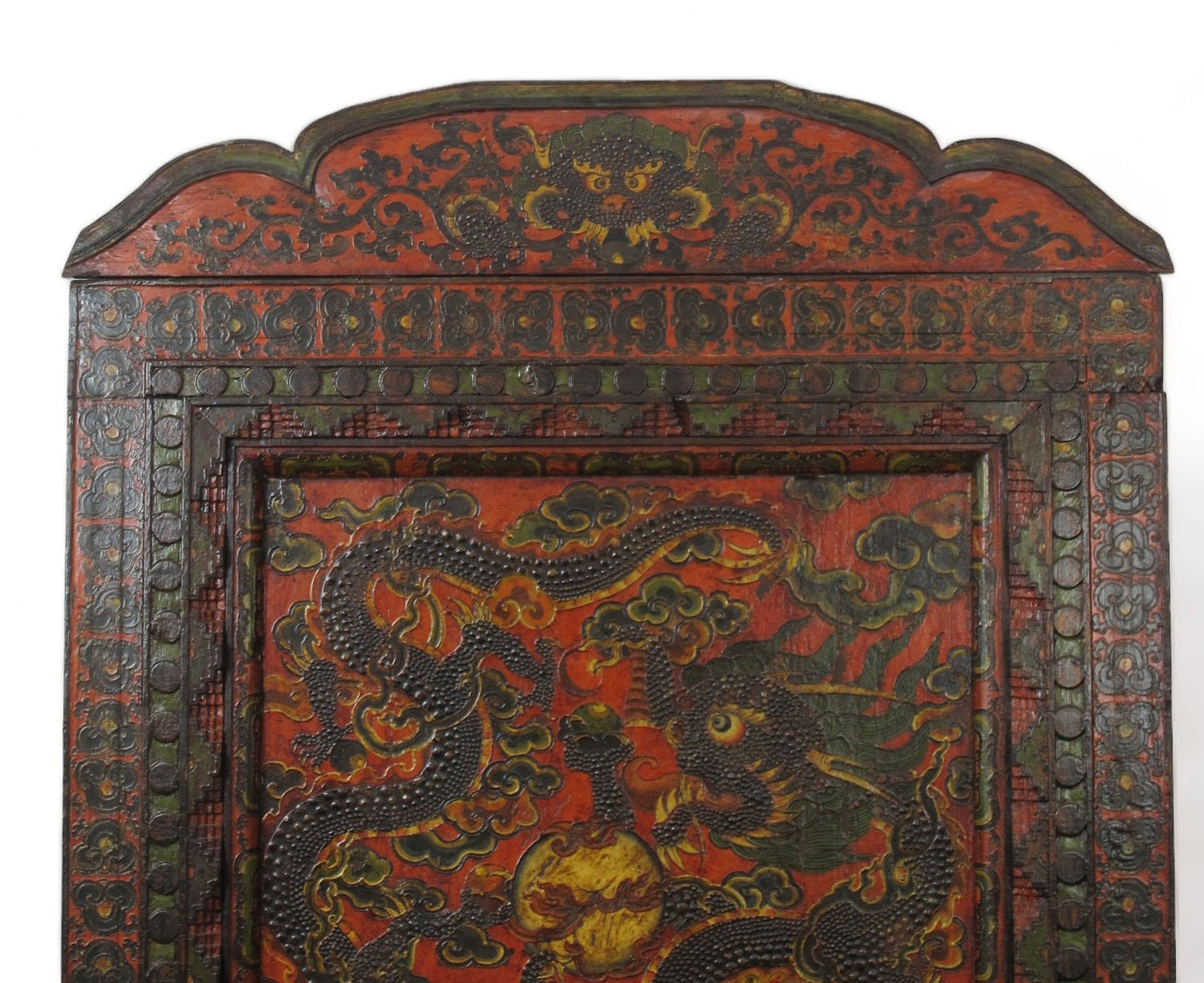 Antique Tibetan pine wall panel hand-embossed with flying dragons, clouds and ocean waves — view 16 of 19