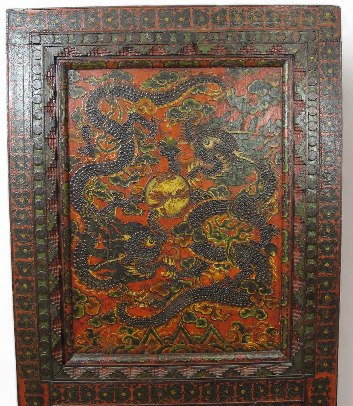 Antique Tibetan pine wall panel hand-embossed with flying dragons, clouds and ocean waves — view 7 of 19