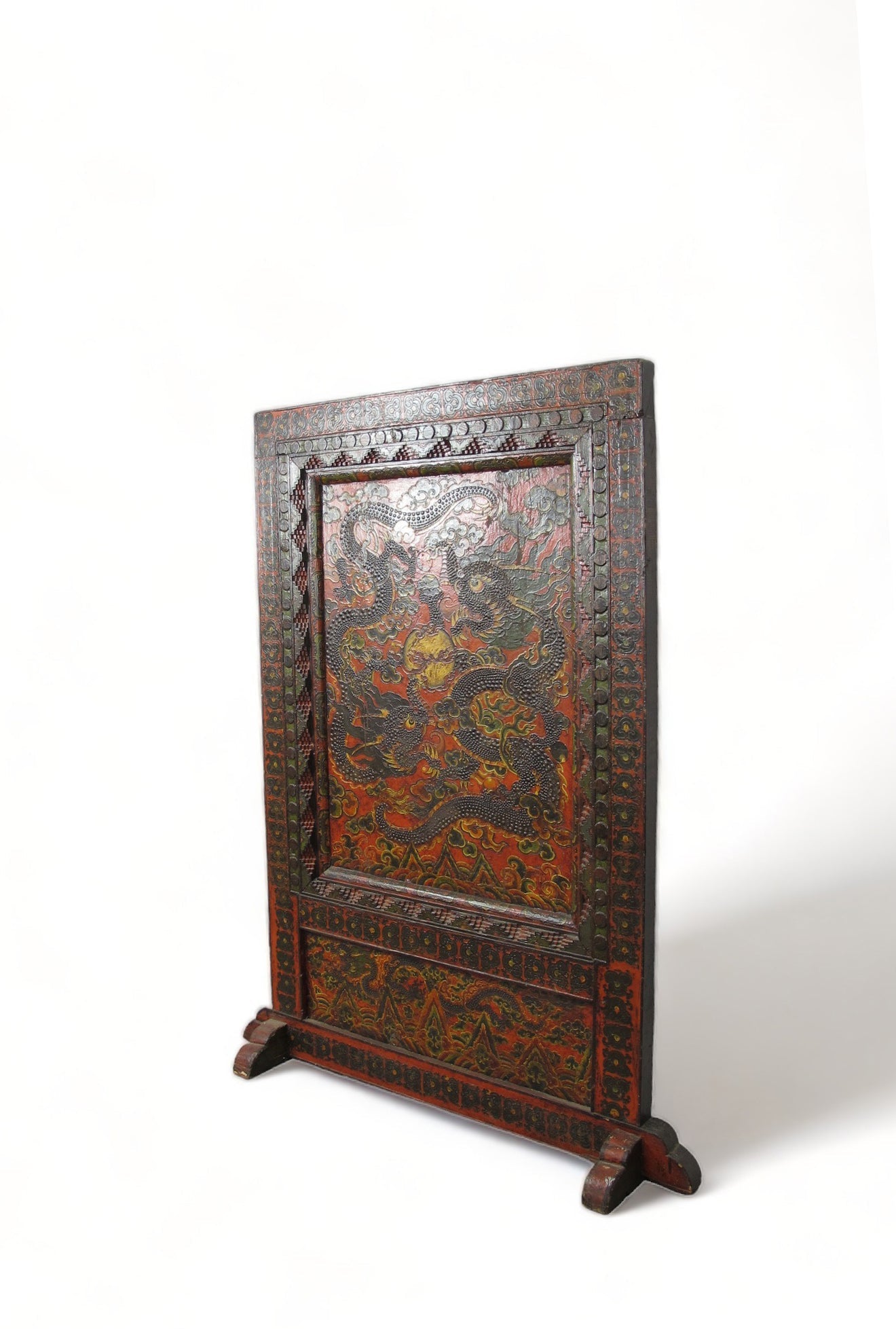 Antique Tibetan pine wall panel hand-embossed with flying dragons, clouds and ocean waves — view 6 of 19
