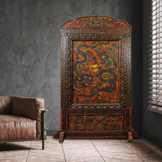 Antique Tibetan pine wall panel hand-embossed with flying dragons, clouds and ocean waves — view 1 of 19