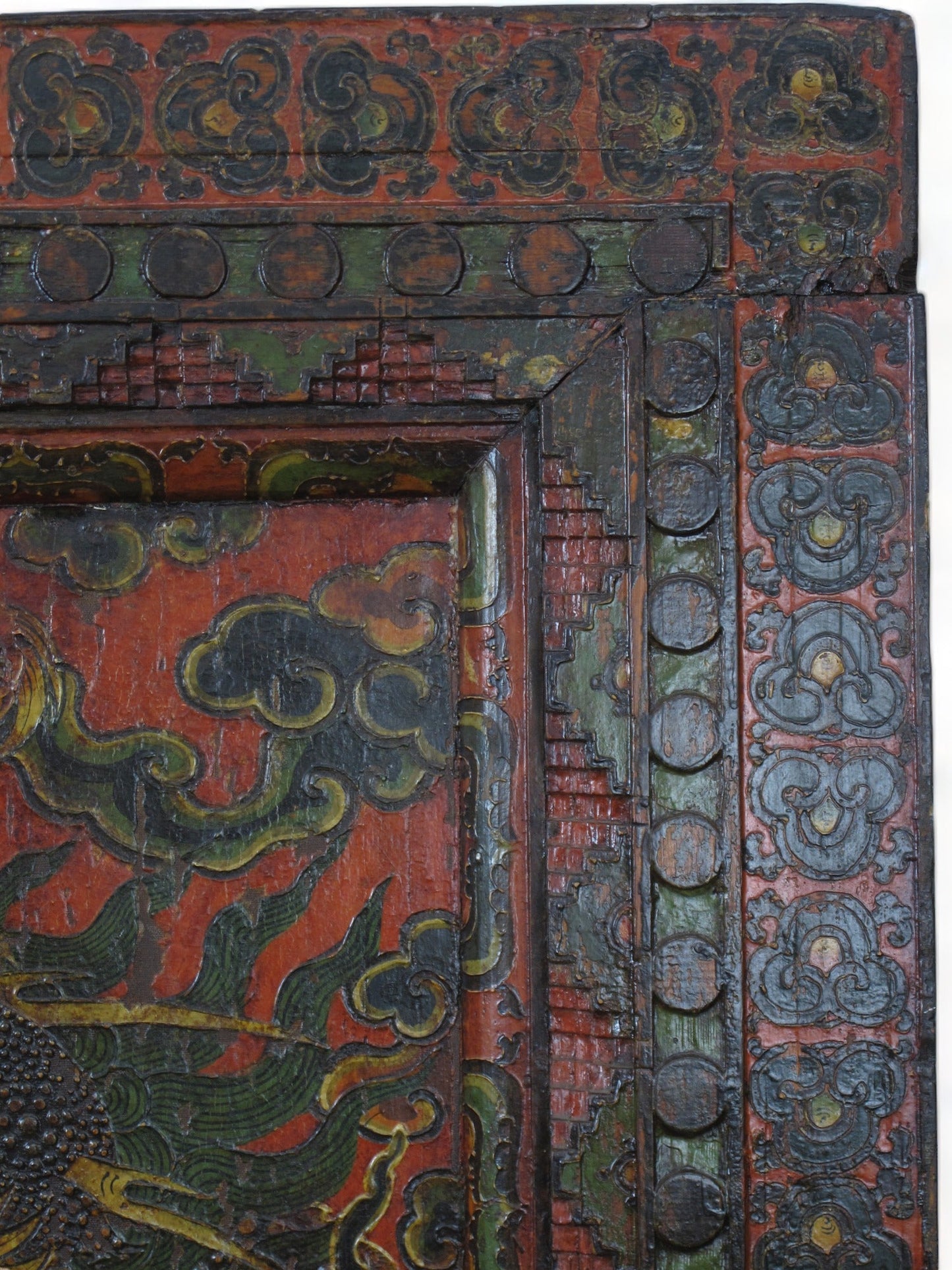 Antique Tibetan pine wall panel hand-embossed with flying dragons, clouds and ocean waves — view 13 of 19