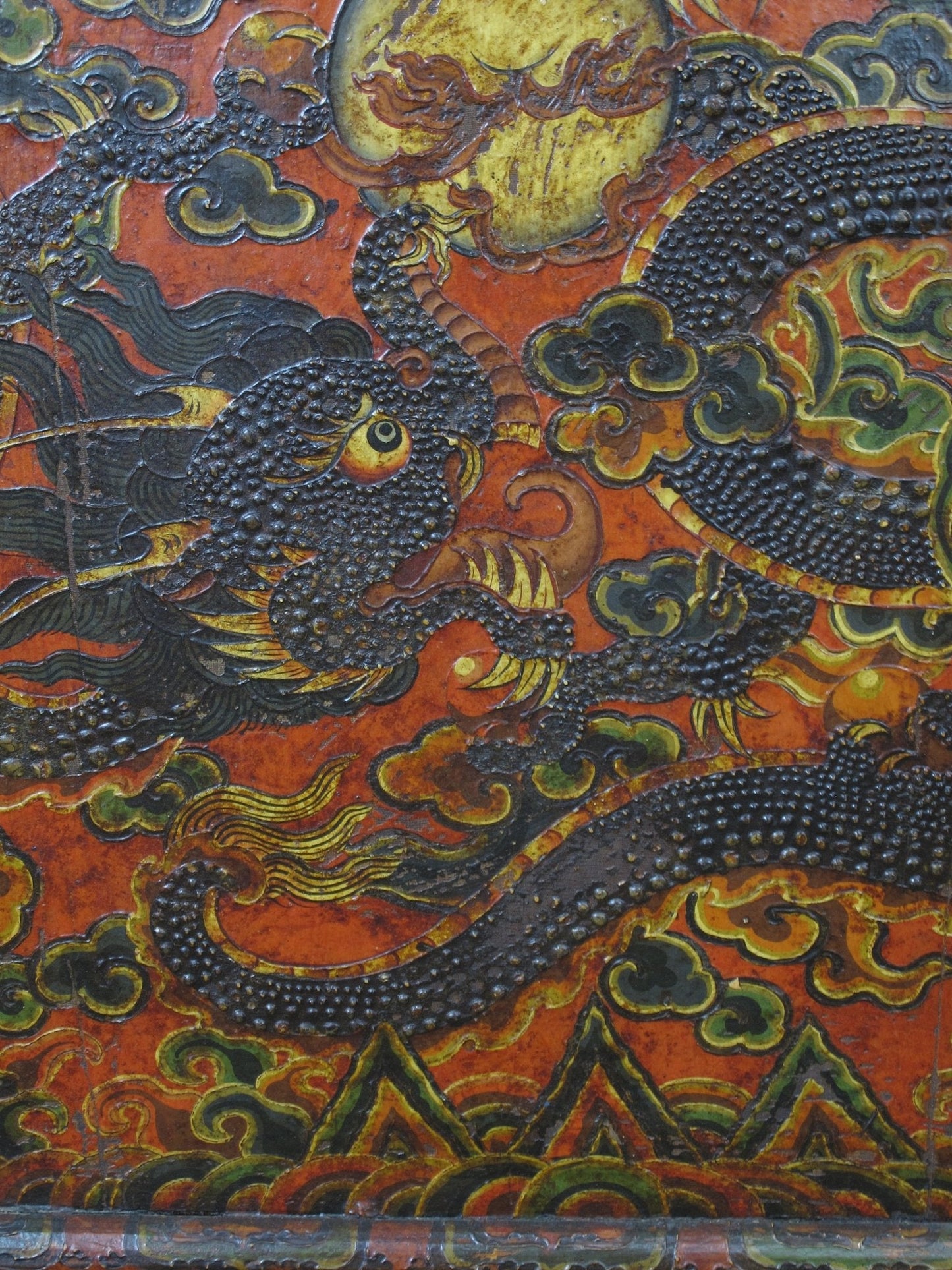 Antique Tibetan pine wall panel hand-embossed with flying dragons, clouds and ocean waves — view 12 of 19