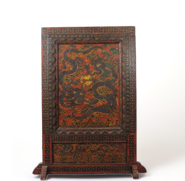 Antique Tibetan pine wall panel hand-embossed with flying dragons, clouds and ocean waves — view 3 of 19