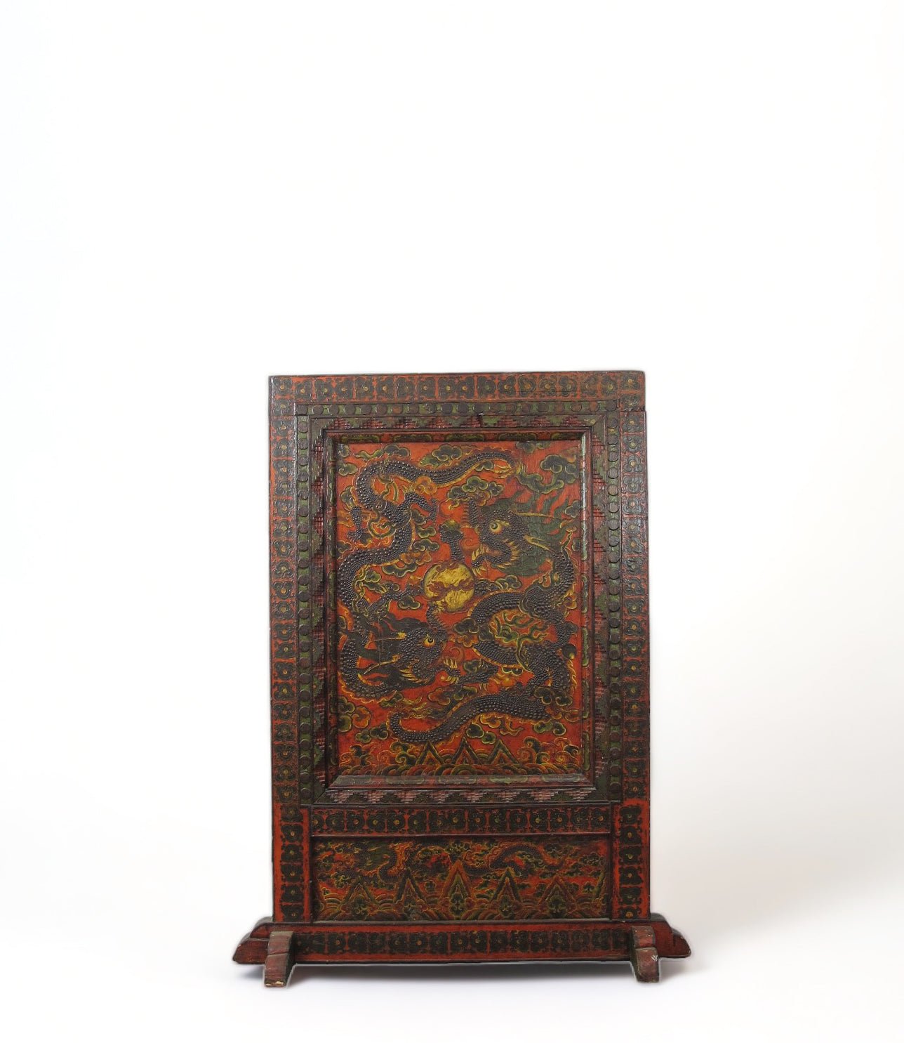 Antique Tibetan pine wall panel hand-embossed with flying dragons, clouds and ocean waves — view 4 of 19