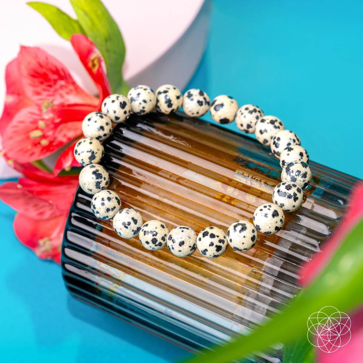 Dalmatian Jasper beaded bracelet with cream stones and black spots — view 5