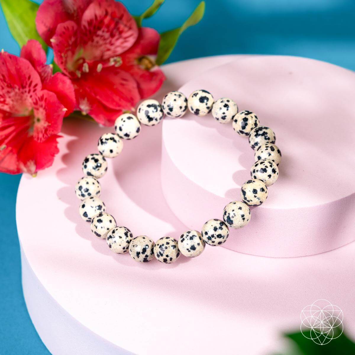 Dalmatian Jasper beaded bracelet with cream stones and black spots — view 6