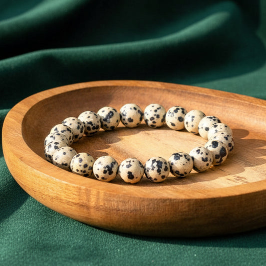 Dalmatian jasper beaded bracelet in a shallow wooden dish on dark green fabric, cream stones with black spots.