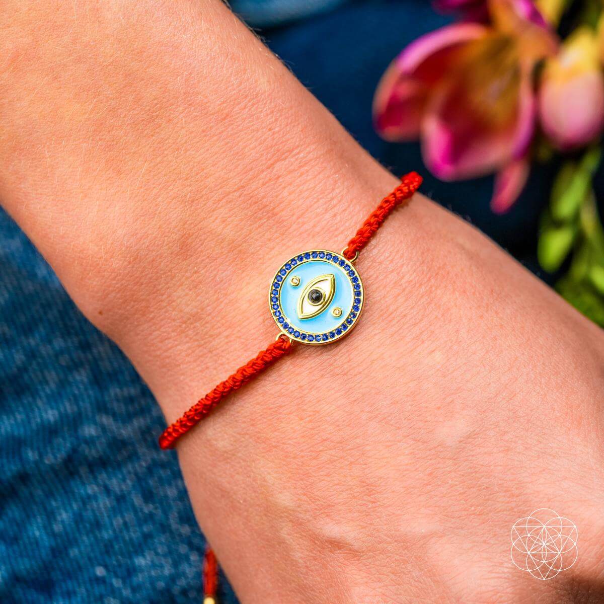 Red string bracelet with a gold-plated Evil Eye charm set with black Onyx — view 3