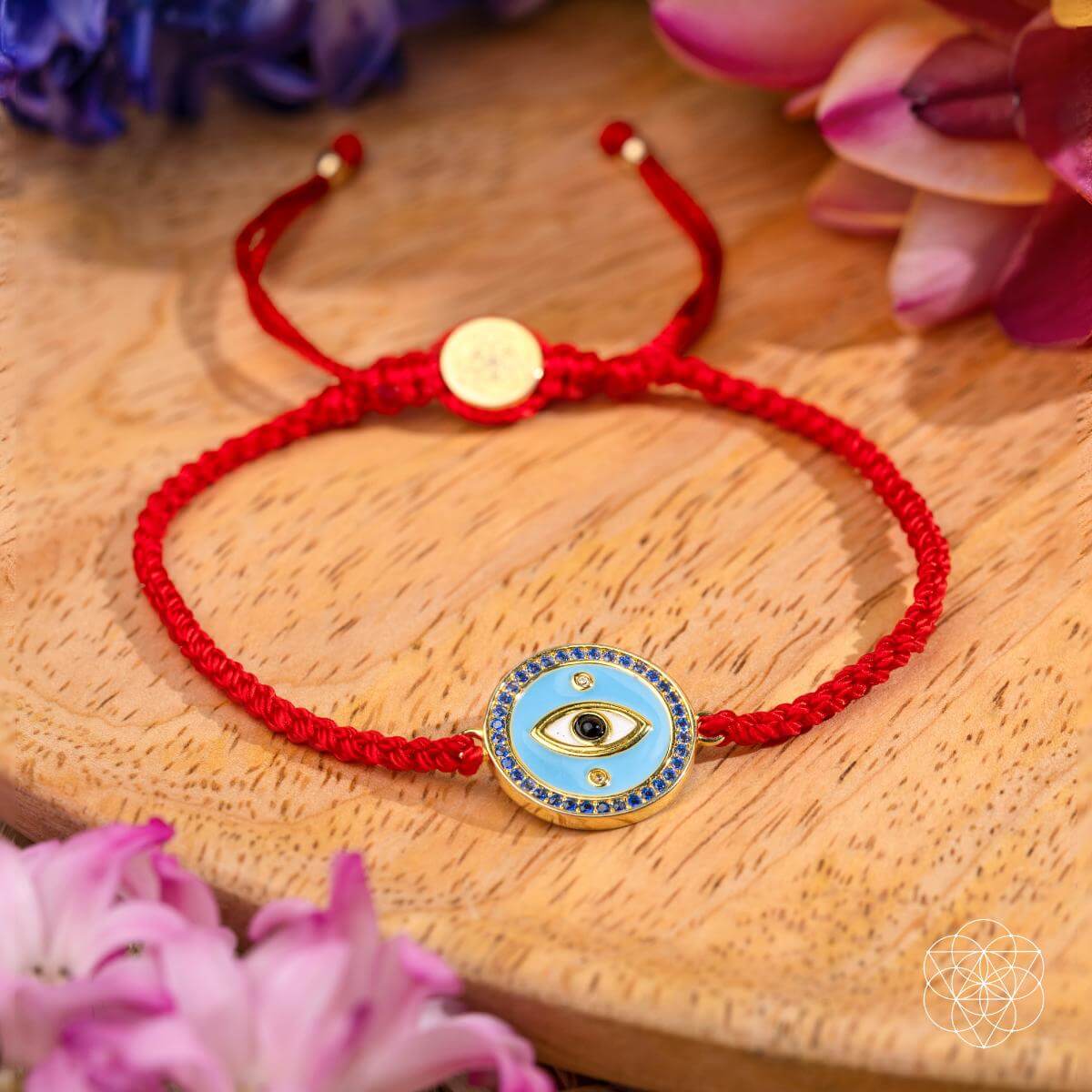 Red string bracelet with a gold-plated Evil Eye charm set with black Onyx — view 5