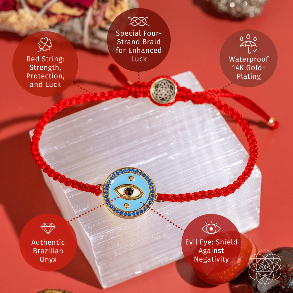 Red string bracelet with a gold-plated Evil Eye charm set with black Onyx — view 4
