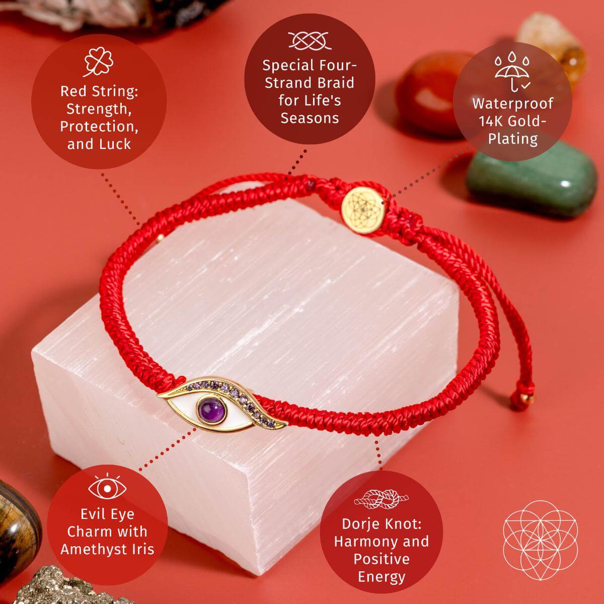 Four-strand red string bracelet with a 14K gold-plated evil eye charm set with a purple amethyst iris — detail view 4