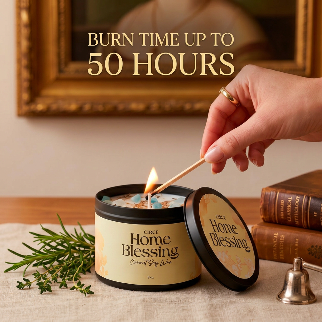 Home Blessing ritual candle in an 8 oz jar with rosemary, thyme and aquamarine (view 2)