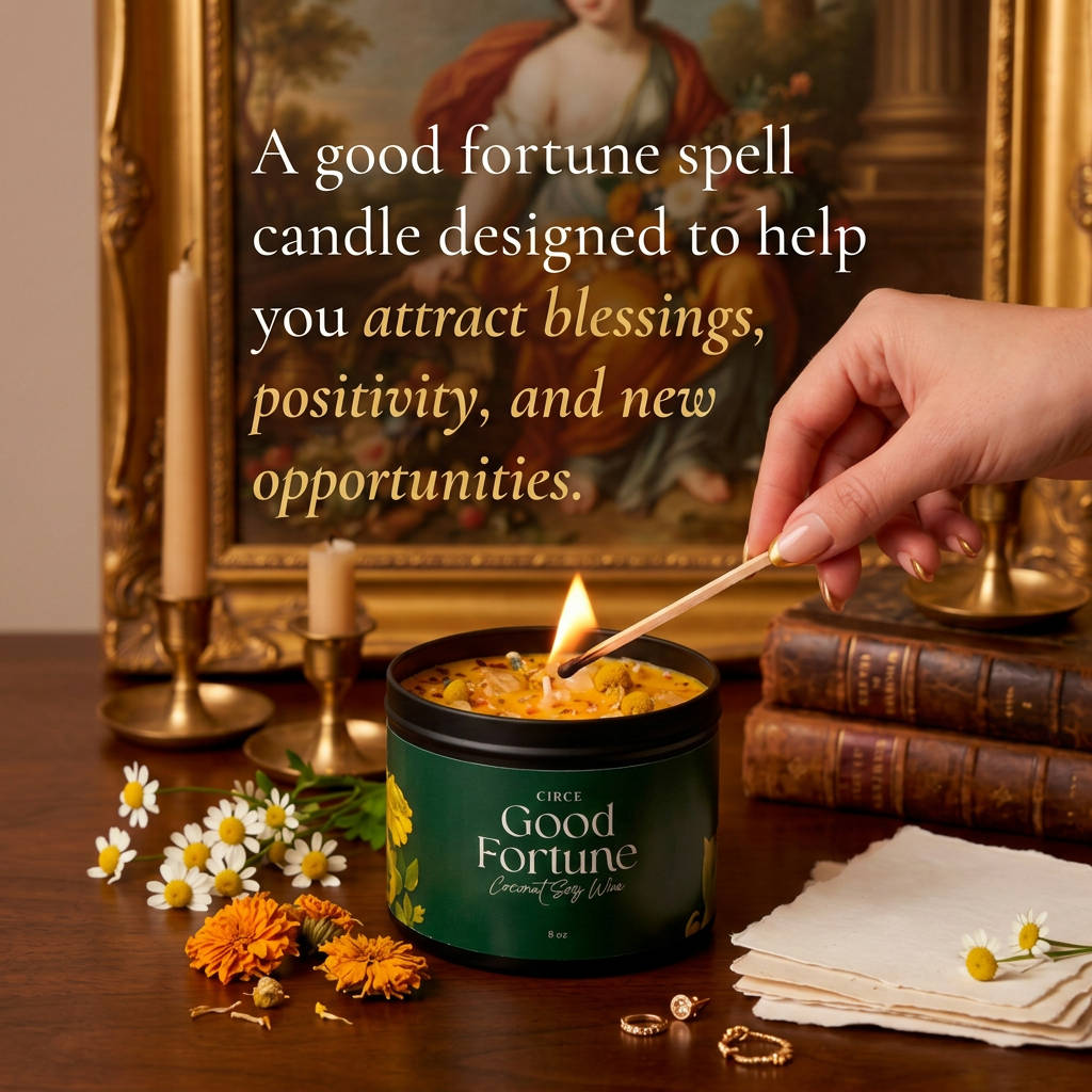 Good Fortune spell candle in an 8 ounce jar with a cotton wick, shown from another angle