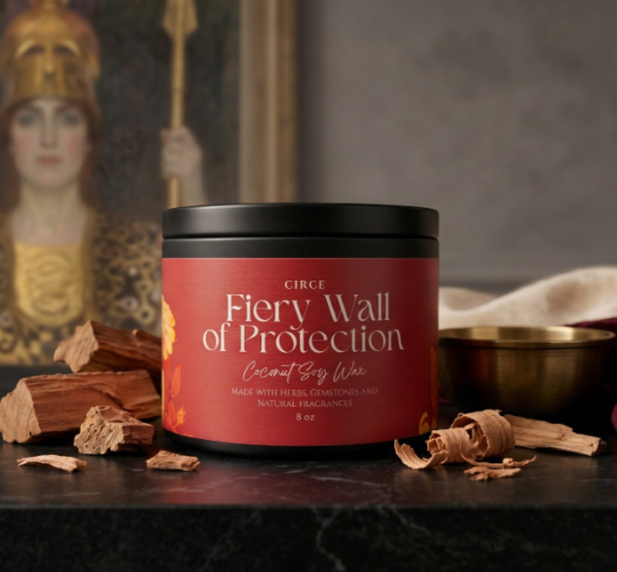 Fiery Wall of Protection ritual candle in an 8 oz jar with cloves and black obsidian (view 2)